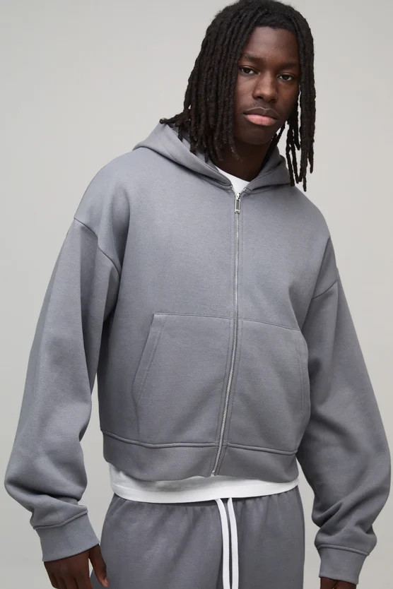 Basic Shrunken Boxy Zip Through Hoodie | boohooMAN (DE, IE & UK)