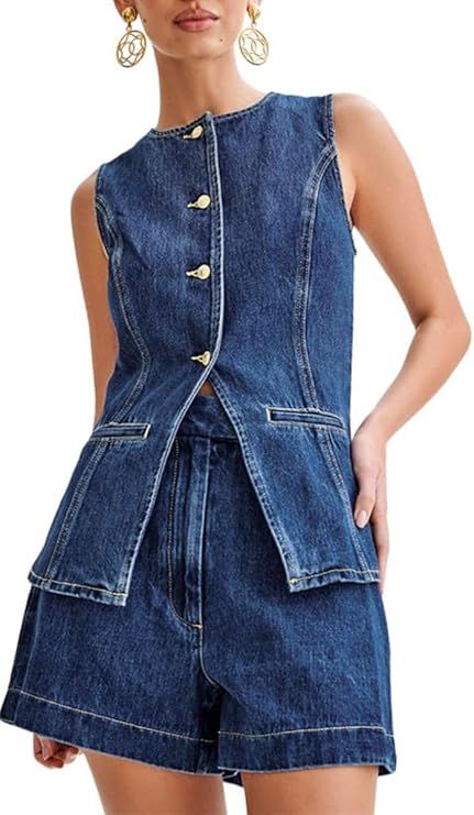 Women's Denim 2 Piece Set Casual Business Sleeveless Jean Blazer Vest Tops and Shorts Outfit Trac... | Amazon (US)