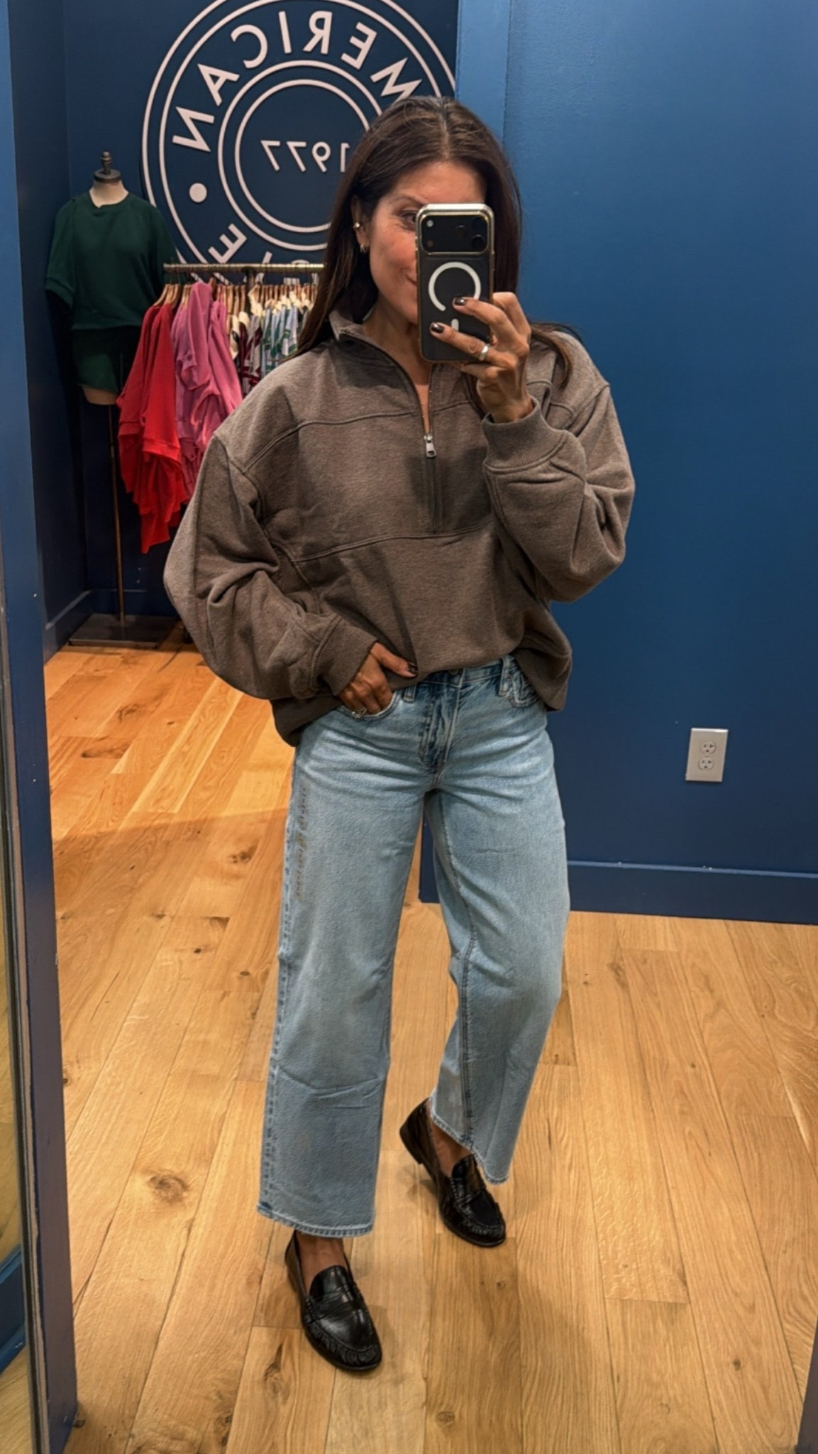 A casual pullover look. 
@American Eagle Outfitters 
Stovepipe jeans went with a 2 short for cropped jeans 

Sweatshirt xs 

Fall fashion over 50

#LTKPetite #LTKSeasonal #LTKOver40
