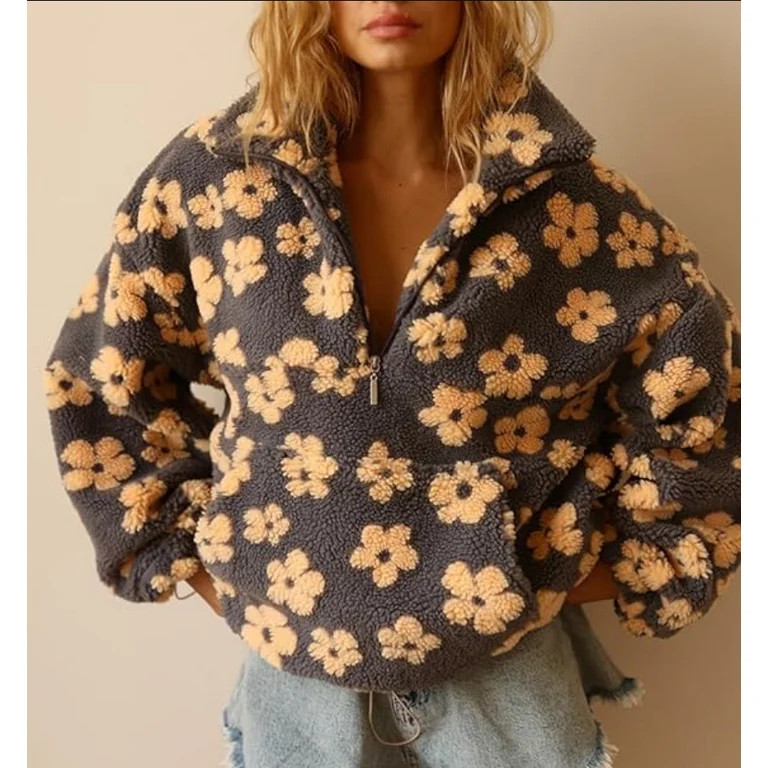 Women's Fall Cute Floral Faux Fur Pullover Fleece Sweatshirt Casual Zip Up Winter Sherpa Jacket | Walmart (US)