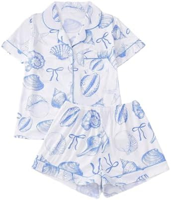 BEAUDRM Women's 2 Piece Pajama Sets Shell Print Short Sleeve Sleepwear Button Down Shirt and Bow ... | Amazon (US)