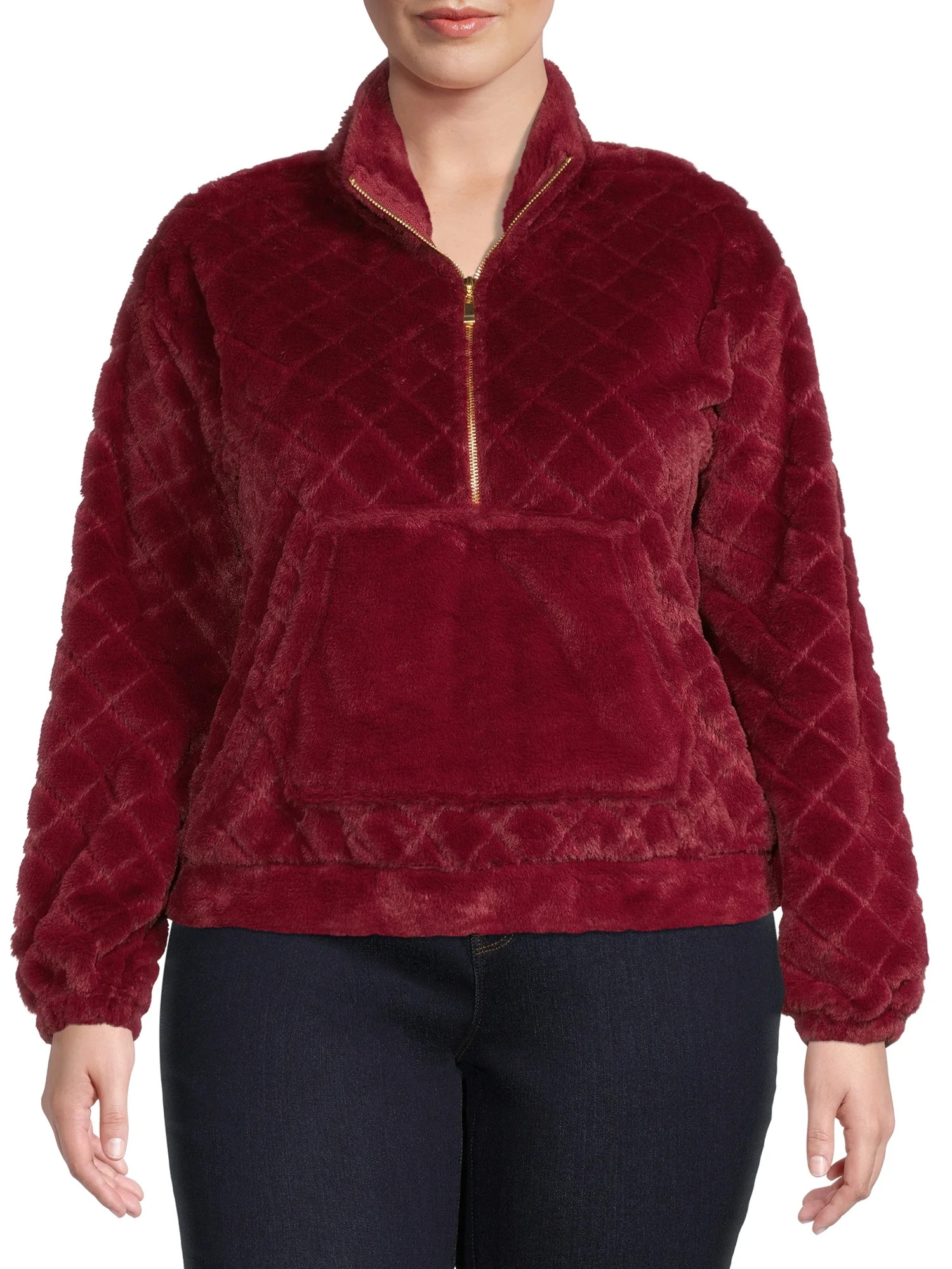 No Boundaries Juniors' Plus Size Quilted Faux Fur Pullover | Walmart (US)