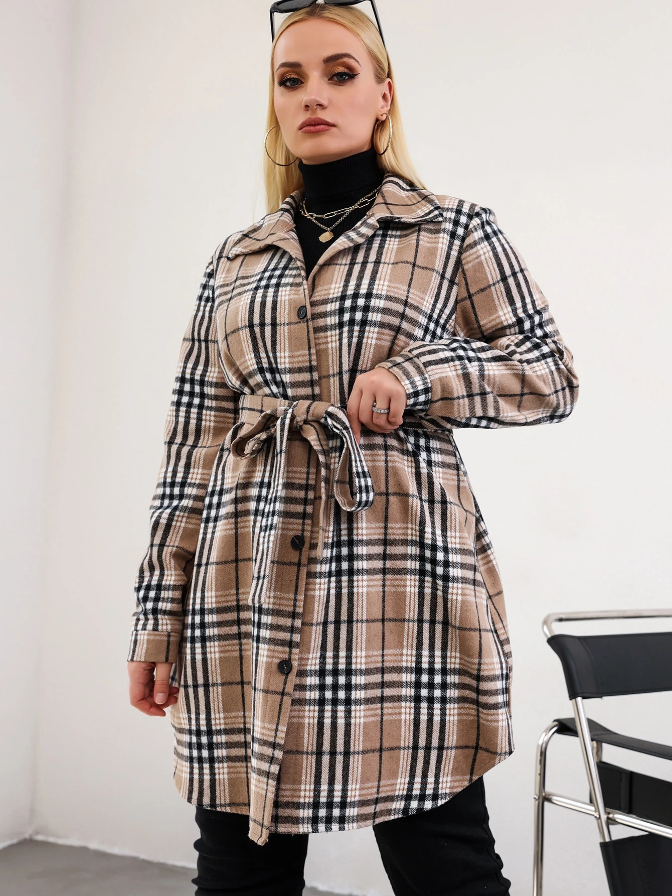 Plus Plaid Print Belted Overcoat | SHEIN
