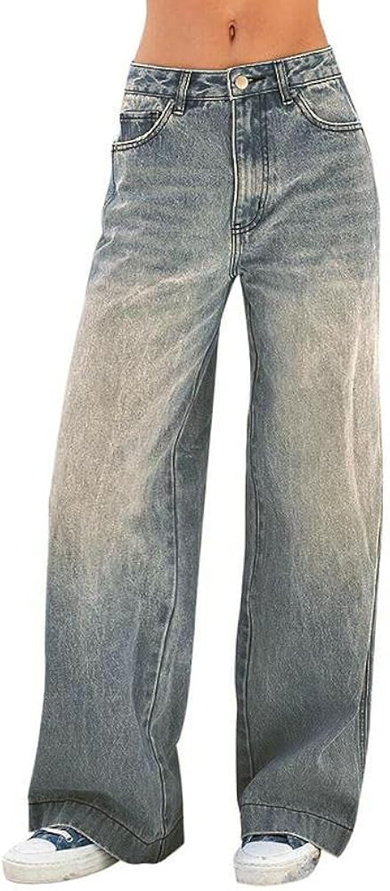 EMMIOL Women's 2025 Wide Leg Jeans Distress Mid Waist Denim Pants Vintage Y2K Trousers | Amazon (US)