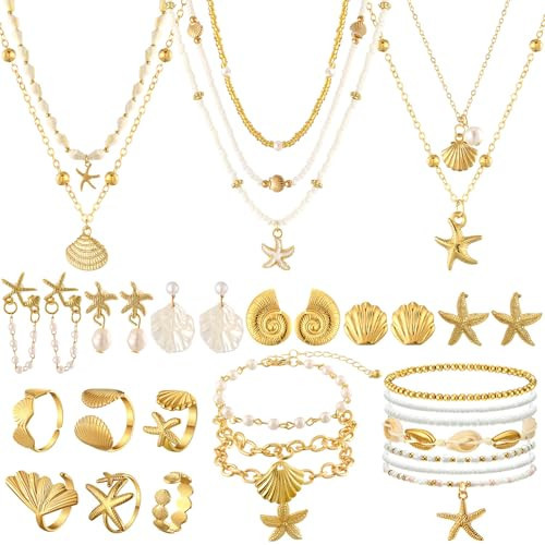 Tondiamo 23 Pcs Beach Jewelry for Women Seashell Starfish Charm Necklace Earrings Studs Bracelets Rings Boho Summer Beach Mermaid Accessories for Women Holiday Summer Vacation Wedding Gifts(Gold) | Amazon (US)