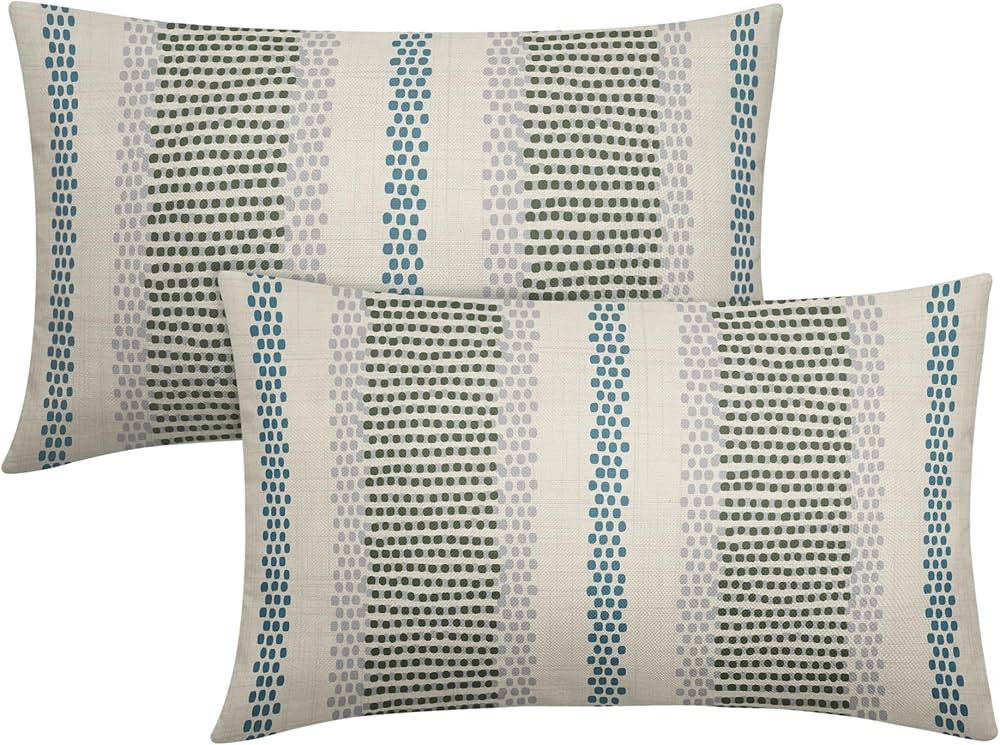 Light Blue Sage Green Pillow Covers 12x20 Set of 2 Grey Dot Print Striped Lumbar Rectangle Decora... | Amazon (US)