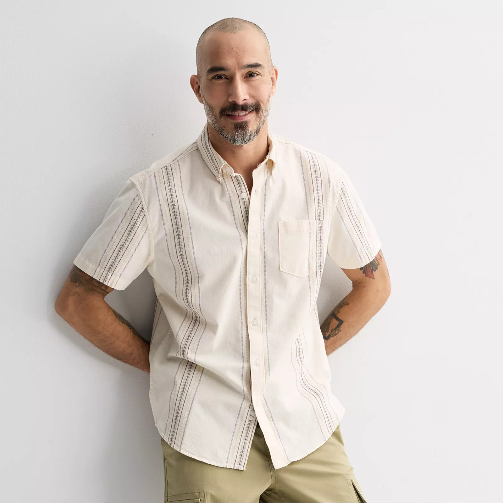 Men's Sonoma Goods For Life® Short Sleeve Perfect Length Button Down Shirt, Size: Medium, Multi Embroidery Strp | Kohl's