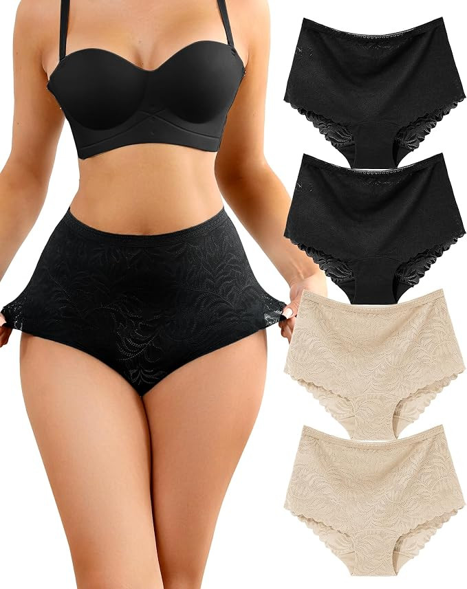 LEVAO Women's High Waist Lace Underwear, Soft Floral Lace Briefs with Full Coverage Panties for W... | Amazon (US)