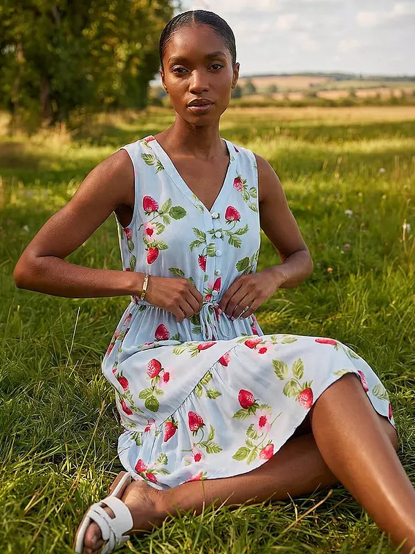 Roman Petite Strawberry Tie Waist Dress - Blue | Very (UK)