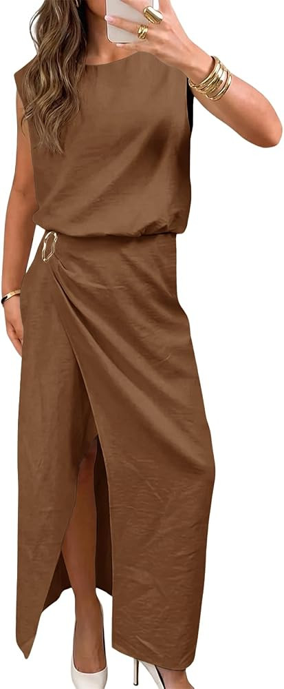 Wenrine Womens 2 Piece Skirt Sets Summer Crop Tank Tops Split Maxi Skirts Casual Beach Vacation O... | Amazon (US)