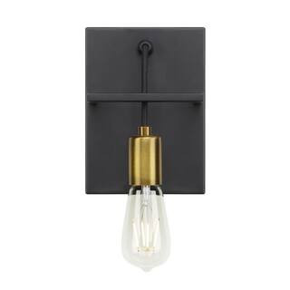 Tae 5.5 in. W 1-Light Black Industrial Metal Bathroom Wall Sconce with Aged Brass Socket Cup and ... | The Home Depot