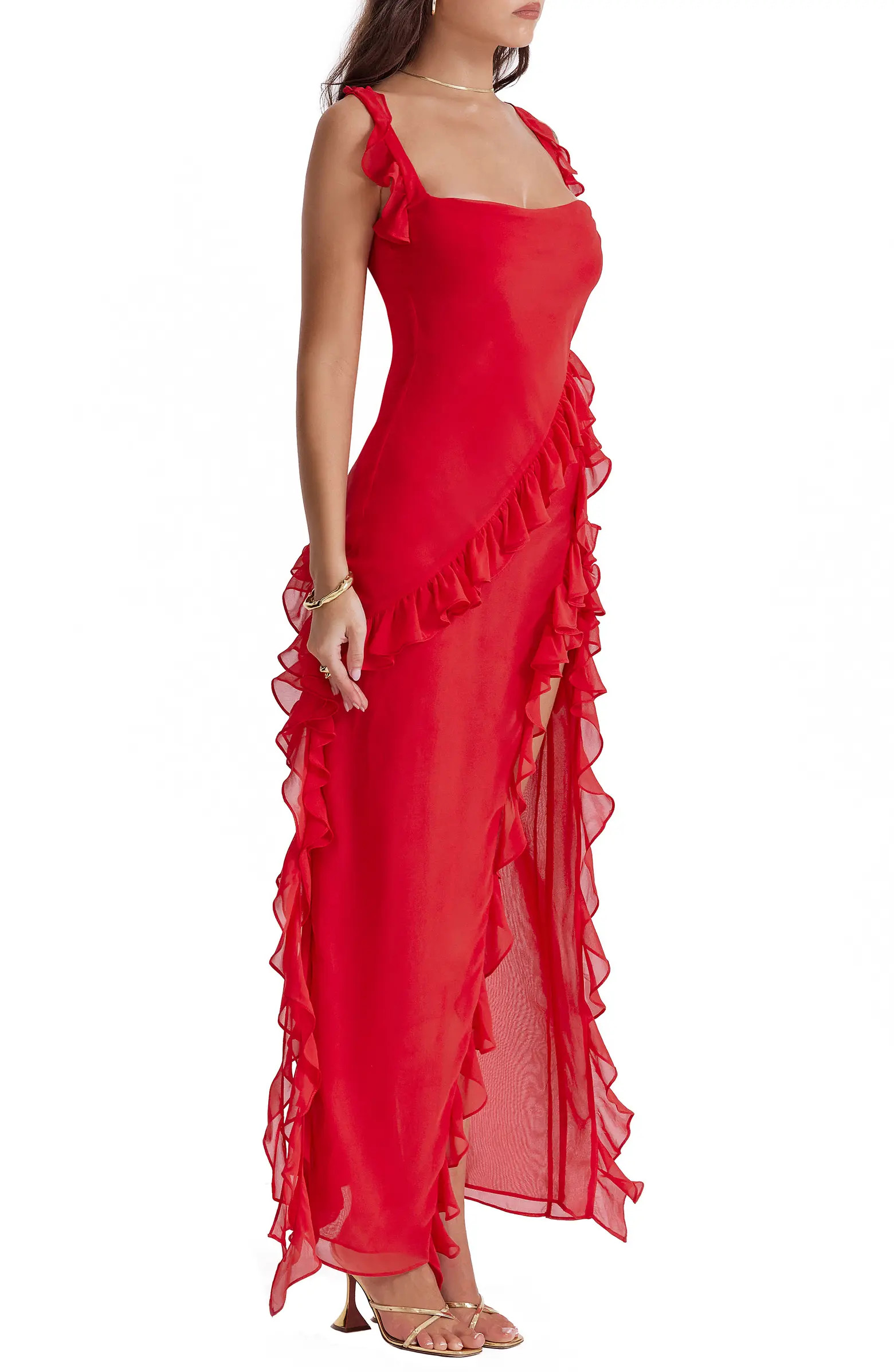 Ariela Ruffle Side Slit Gown | Nordstrom