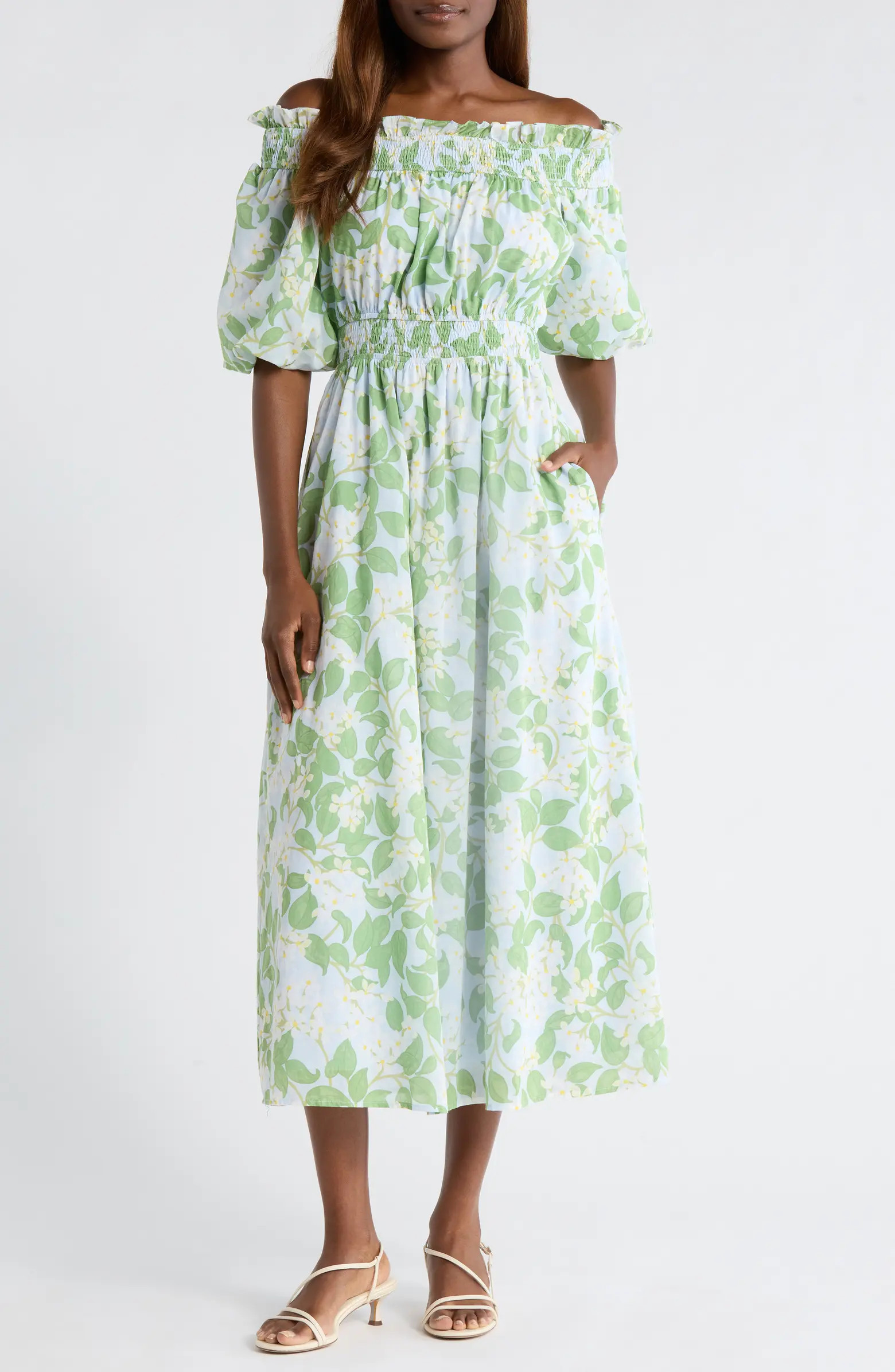 SUGARLIPS Kiany Floral Magna Town Off the Shoulder Cotton Midi Dress | Nordstrom | Nordstrom