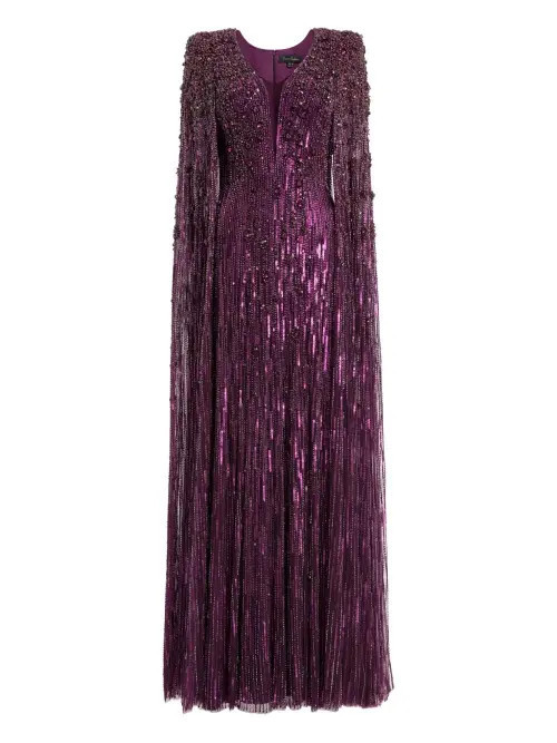 Jenny Packham Sweet Silva Beaded Cape Maxi Dress in Purple Muscadine at Nordstrom, Size 14 Uk | Nordstrom
