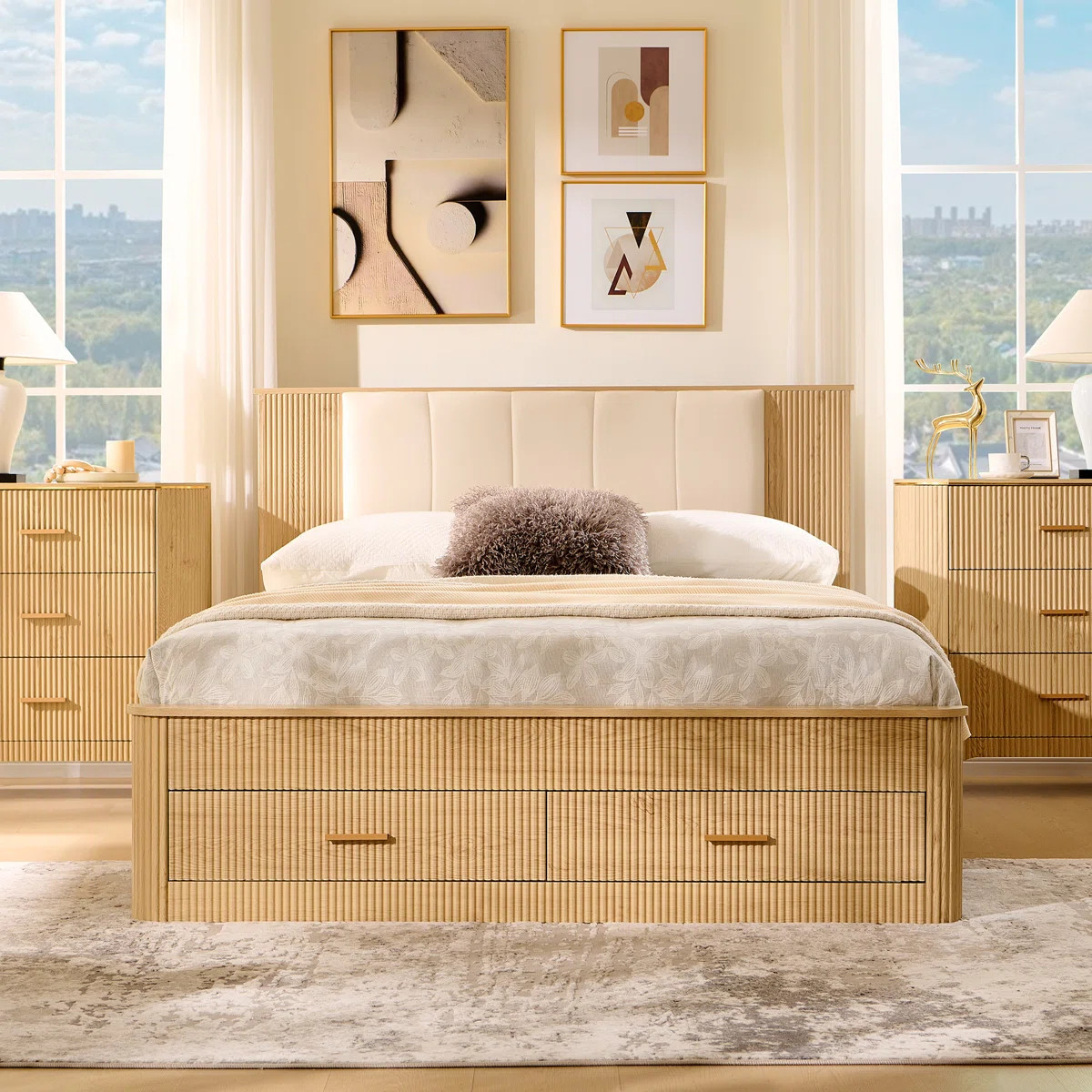Queen Modern Platform Bed Frame With Storage Drawers & Charging Station, Upholstered Headboard Wi... | Wayfair North America