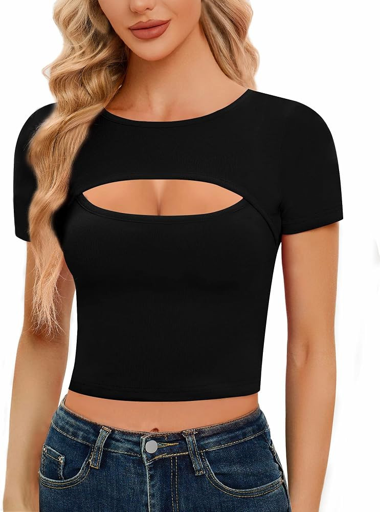 CLOZOZ Cut Out Tops for Women Short Sleeve Crop Top Sexy Crewneck Tops Ribbed Fitted Shirts Going... | Amazon (US)