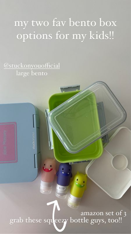 bento box options for kids!! amazon set
of 3 is super affordable but not leakproof like the stick on you bento box. grab the squeeze bottles for sauce! 

#LTKhome #LTKfamily #LTKkids