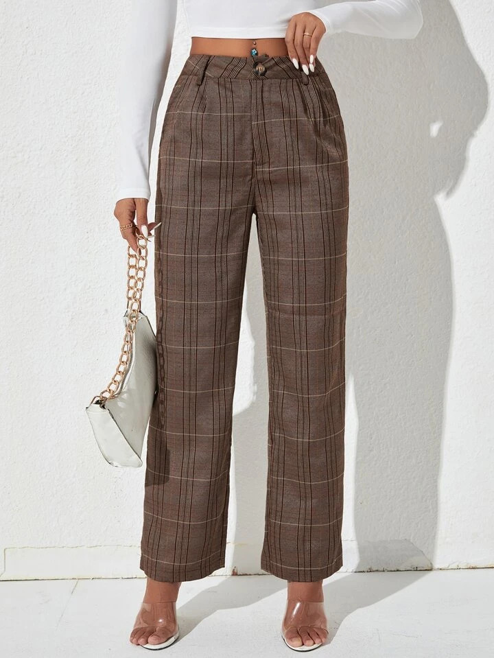 SHEIN PETITE Plaid Print High Waist Pants | SHEIN