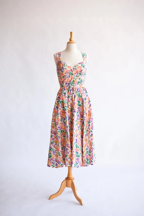 Sweetheart Neckline Sundress Watercolor Floral Print  Peach | Etsy | Etsy (US)