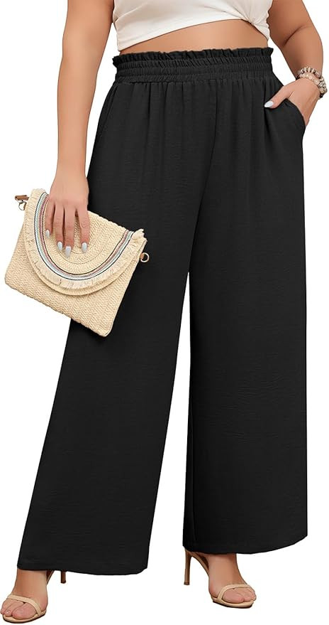 Lastshe Women's Plus Size Wide Leg Pants Elastic Waist Hide Drawstring Loose Work Pants Palazzo T... | Amazon (US)