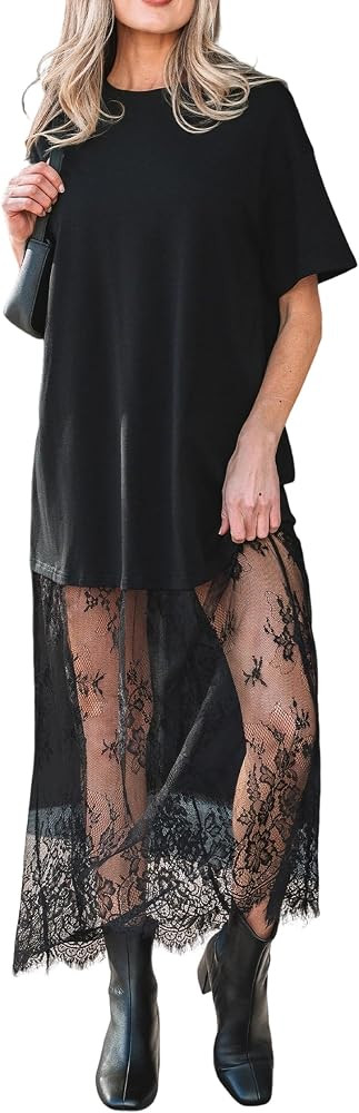 MARZXIN Tshirt Dress with Lace Bottom Patchwork Maxi Summer Dress for Women | Amazon (US)