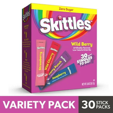 Skittles Zero Sugar Wild Berry Singles-to-Go Packs, Powdered Drink Mix, 2.88 oz, 30 Count Packets | Walmart (US)