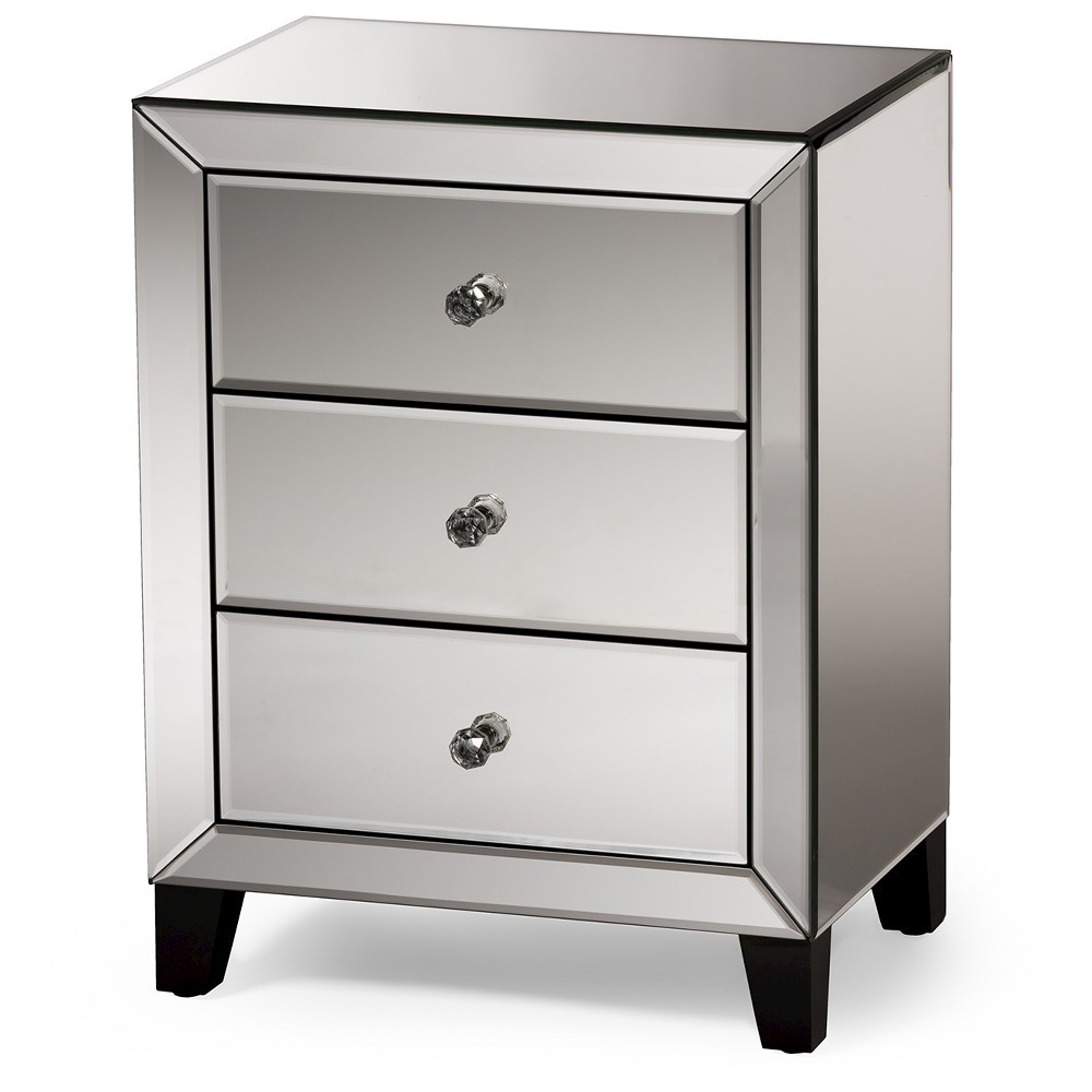 Chevron Modern And Contemporary Hollywood Regency Glamour Style Mirrored 3 - Drawers Nightstand Bedside Table - Baxton Studio, Silver | Target