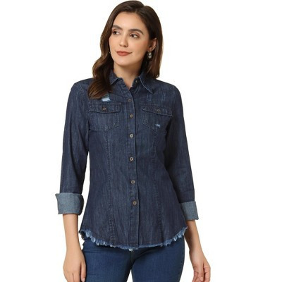 INSPIRE CHIC Women's Jeans Long Sleeve Button Down Distressed Frayed Denim Shirt Dark Blue X-Small | Target