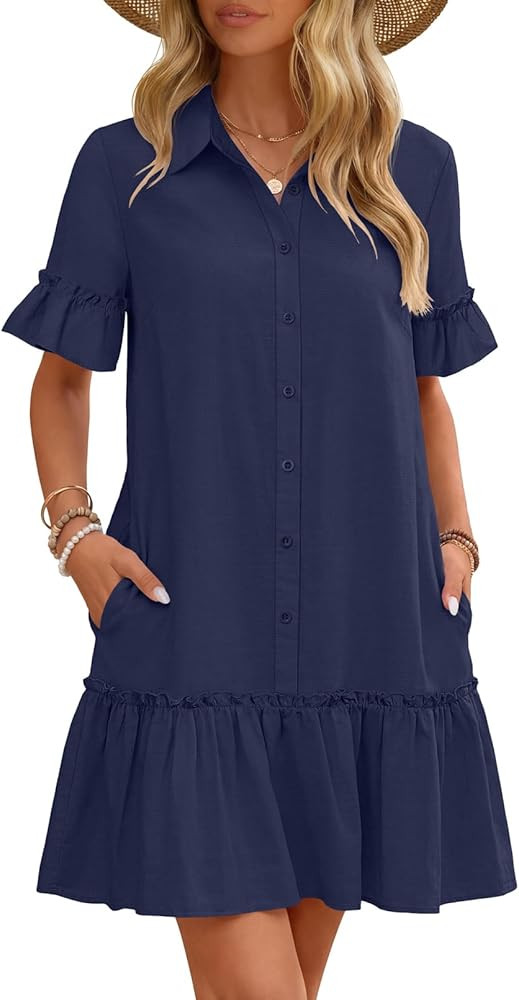 MEROKEETY Women's 2026 Summer Casual Shirt Dress Button Down Ruffle Sleeve Shift Mini Dresses wit... | Amazon (US)