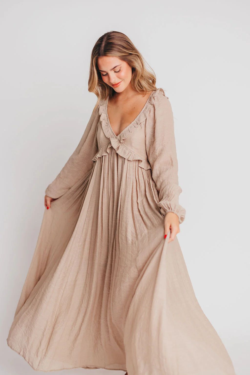 Let It Be Ruffled Maxi Dress with Plunging Neckline in Sand - Bump Fri | Worth Collective