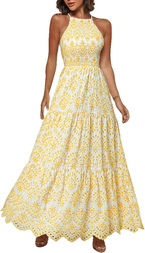 BerryGo Women's Embroidery Pearl Button Down Dress V Neck Spaghetti Strap Maxi Dress | Amazon (US)