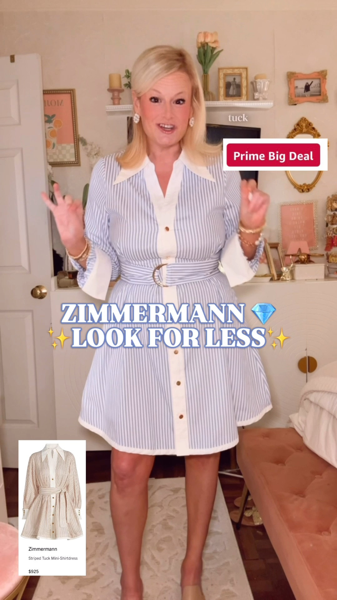 THE $925 ZIMMERMANN LOOK, WITH AN AMAZON DEAL 👀

This Zimmermann Tuck Mini Shirt Dress look for less is included in Prime Big Deal Days, and the details are exactly why I love it.

Blue and white stripes, a crisp contrast collar and placket, gold buttons and a belted waist. That combination gives it the tailored, feminine look that makes the Zimmermann version so desirable, without the $925 price tag.

The long sleeves and defined waist make this such a pretty fall shirt dress. It looks like a complete outfit before you’ve even added accessories. Classic, preppy and polished, with plenty of personality.

I’m wearing a medium, my true size. It also comes in a brown stripe.

For work outfits and teacher outfits where a mini length suits your dress code, this is a beautiful alternative to your usual separates. Equally lovely for church, fall lunches and dinner plans. If you keep saving Zimmermann dresses but can’t justify the splurge, this brings so much of that look into your everyday wardrobe.

Both stripe options are linked below for Prime Big Deal Days.

Zimmermann look for less, Zimmermann Tuck Mini Shirt Dress inspired, Amazon Prime Big Deal Days, Prime Big Deal Days fashion, Amazon dress deals, Prime Day dress deals, Amazon fall fashion, Amazon dress finds, blue striped shirt dress, brown striped dress, belted mini dress, long sleeve shirt dress, contrast collar dress, gold button dress, preppy fall outfits, fall dresses women, fall fashion hauls, work outfits women, teacher outfits fall, business casual dress, classic timeless style, Tuckernuck style, designer look for less

#LTKSaleAlert #LTKSeasonal #LTKWorkwear #AmazonFinds #PrimeBigDealDays #Zimmermann #LookForLess #PreppyStyle #FallDresses #TeacherOutfits #BusinessCasual
