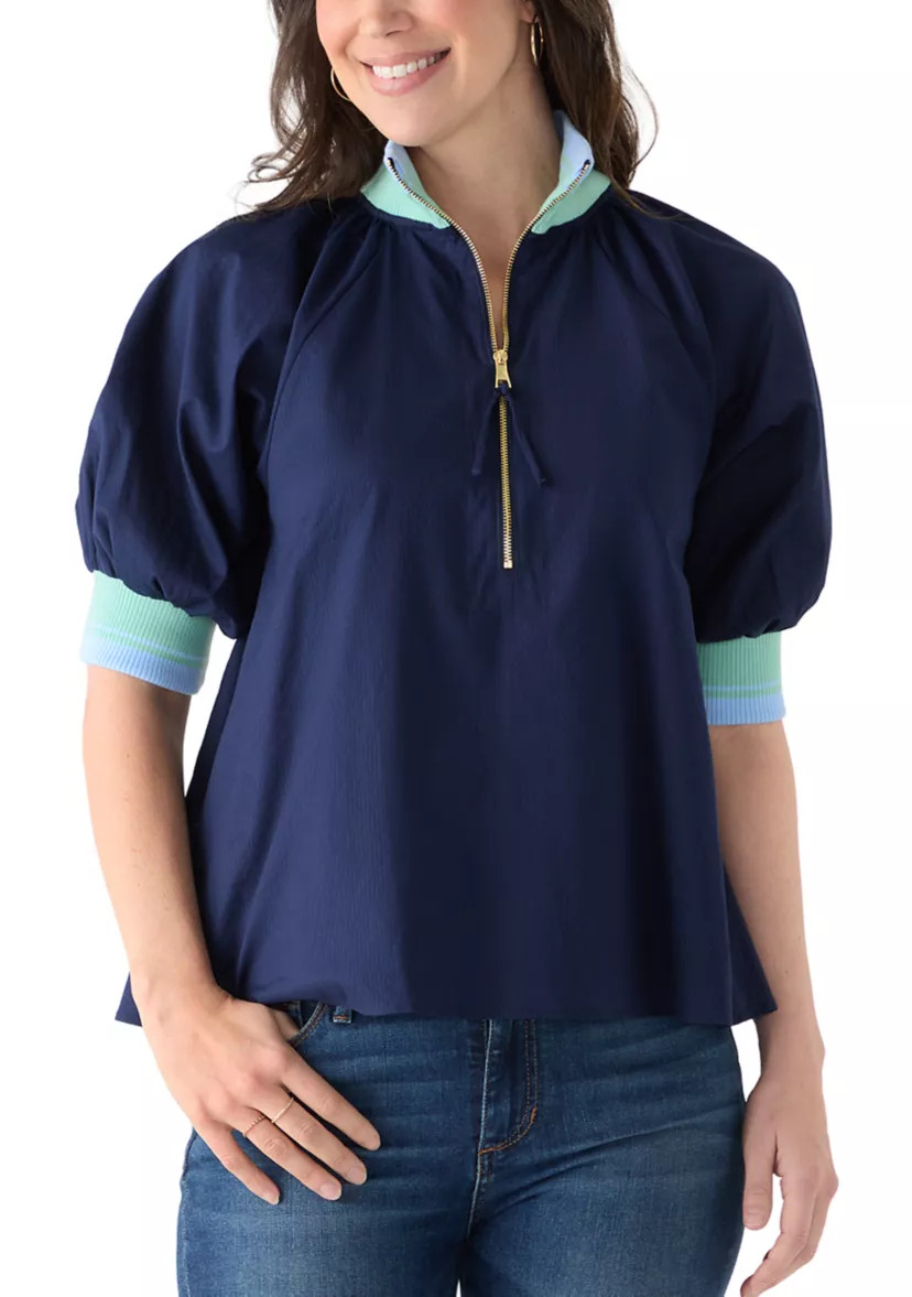 Women's Puff Sleeve Collar Zip Up Striped Top | Belk