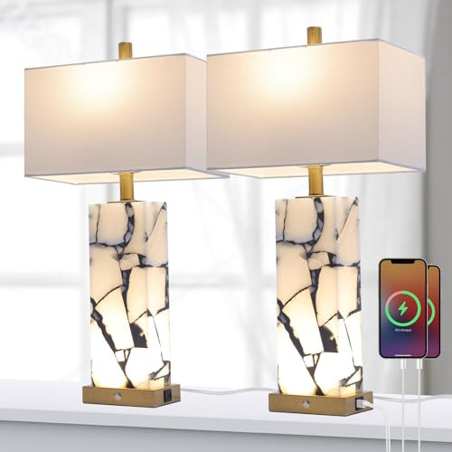 25.7" Natural Marble Table Lamps Set of 2, Alabaster Lamp with Nightlight | Amazon (US)