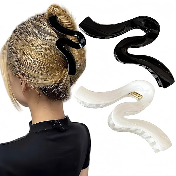 2PCS 5.12Inch Large Cellulose Acetate Wavy Hair Claw Clips for Women,White Black French Hair Clam... | Amazon (US)