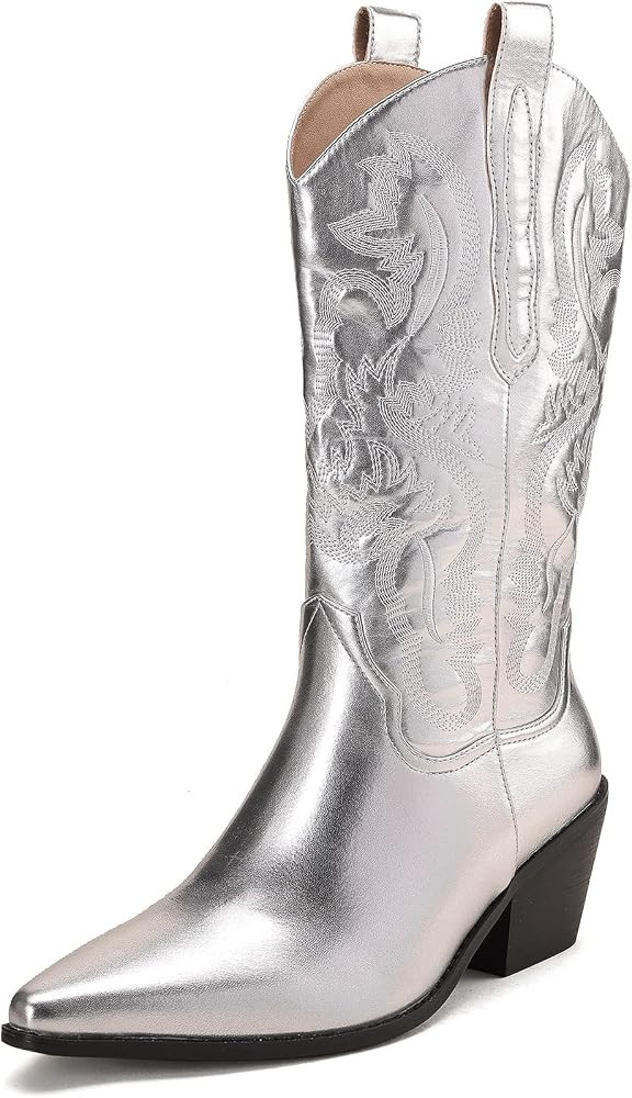 Dsevht Cowboy Boots for Women Round Pointed Toe Western Boots Block Chunky Heel Cowgirl Boots Mid Ca | Amazon (US)