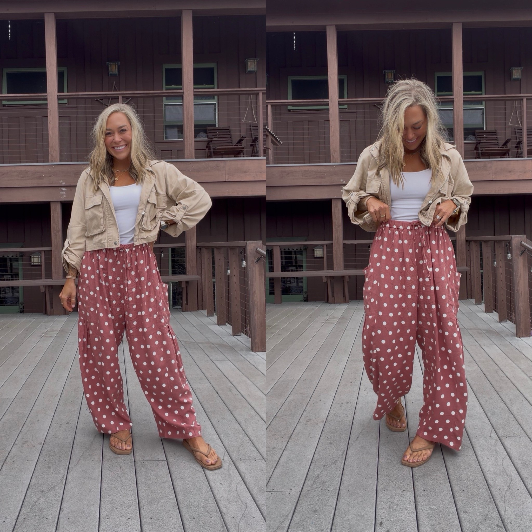 Love these Amazon pants so much! They’re incredibly comfy & come in loads of colors but grabbed this fun polka dot one🦩 sized up to a L for super baggy fit! Tank is a M & sandals tts! 🫶🏼 jacket is last year from Target! 

Ootd / Amazon fashion / comfy / cute / Holley Gabrielle

#LTKootd #LTKSeasonal #LTKPetite