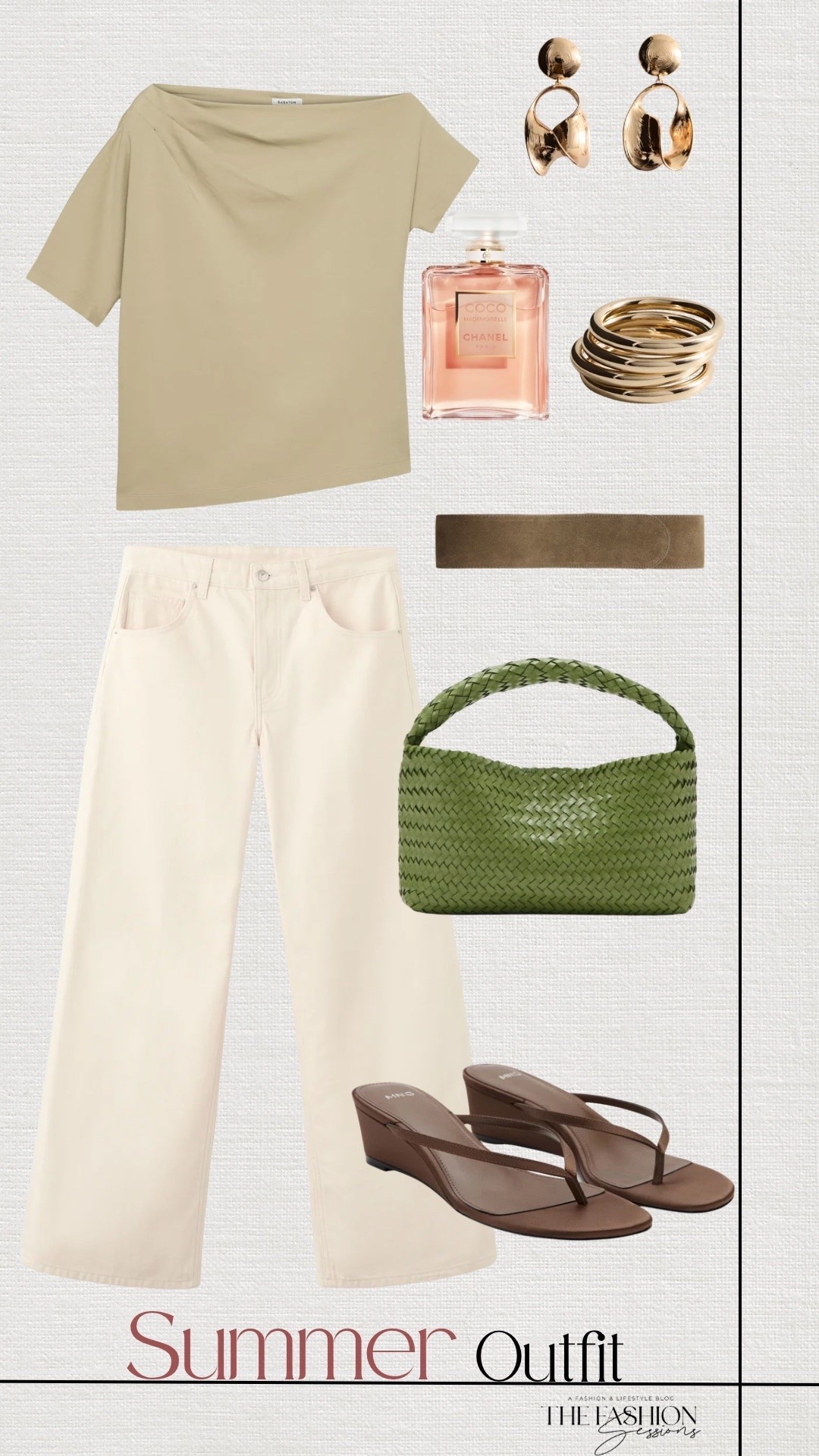 Summer Outfit | Olive Asymmetrical Top | Cream Pants | Green Woven Bag | Brown Wedge Sandals | Suede Belt |

#LTKootd #LTKSeasonal