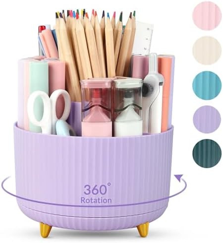 SKYDUE 360 Rotating Purple Pen & Art Supply Organizer - 5 Slot Desk Organizer for Office, School,... | Amazon (US)