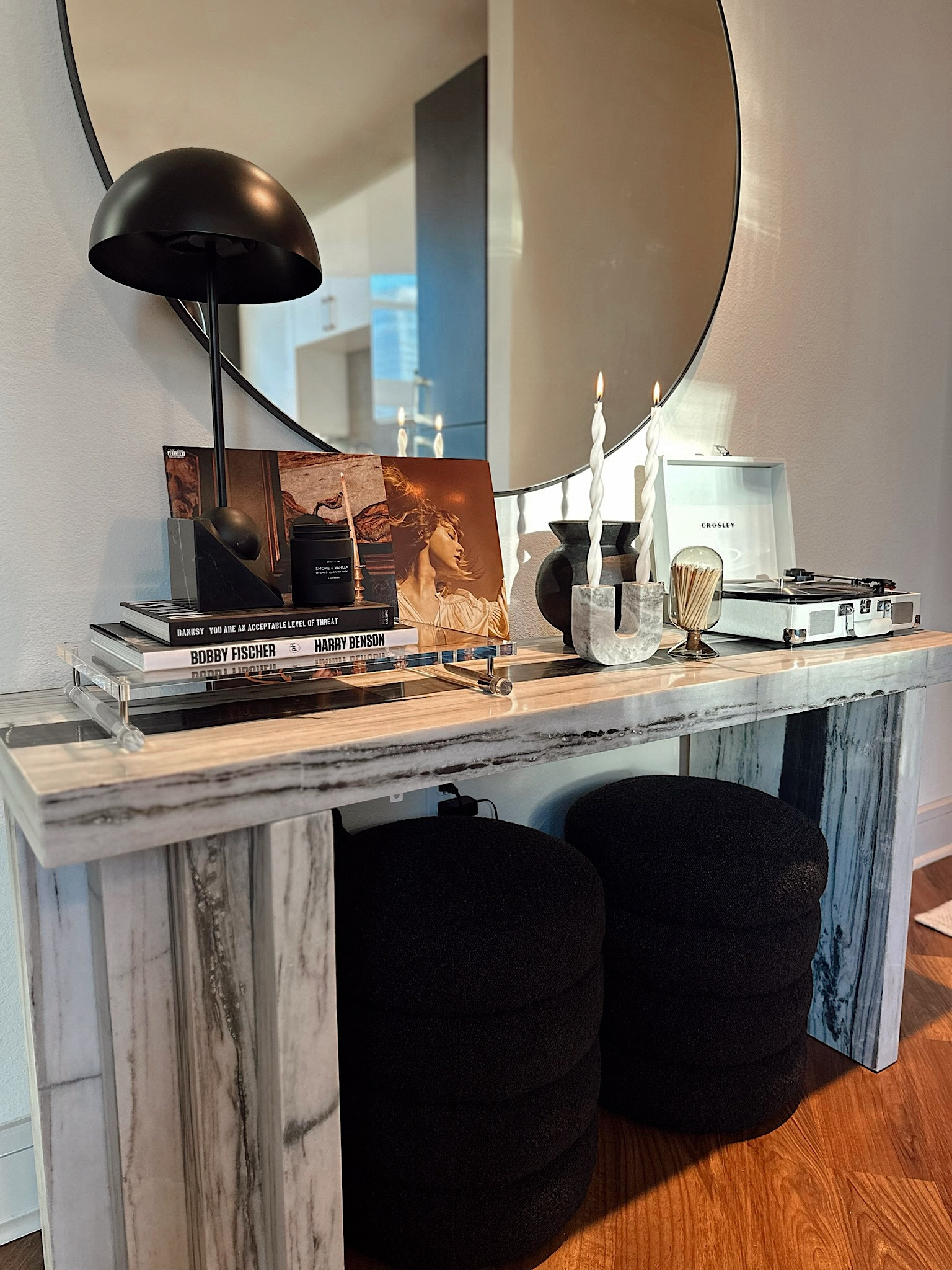 A sleek, modern bach pad console table styled with intention. 🖤 Can you tell my client is a Drake fan & a Swifty?! 

#LTKHome