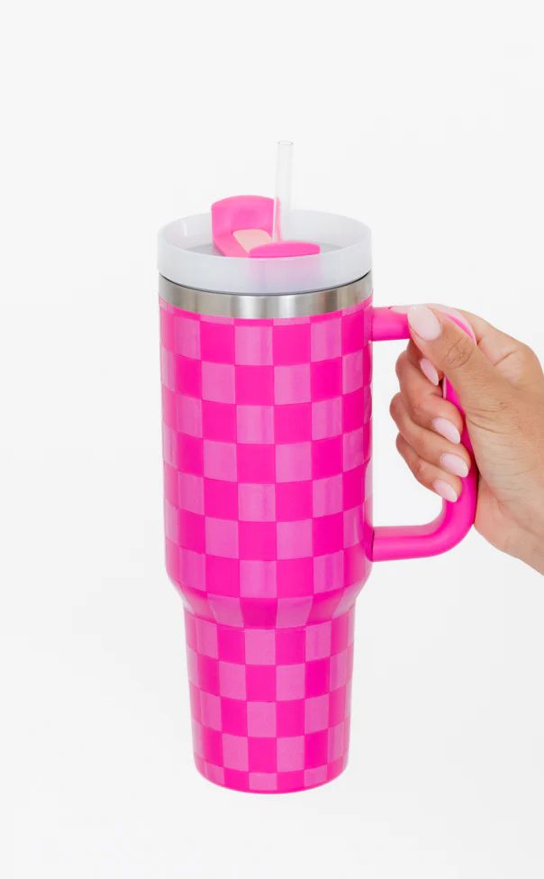 Sippin' Pretty Pink Tonal Checkered 40 oz Drink Tumbler With Lid And Straw FINAL SALE | Pink Lily