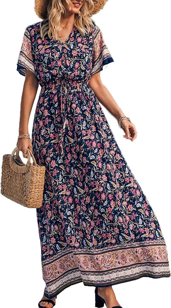 Women's Casual Floral Print V Neck Short Sleeve Summer Boho Beach Dress High Waist Long Maxi Dres... | Amazon (US)