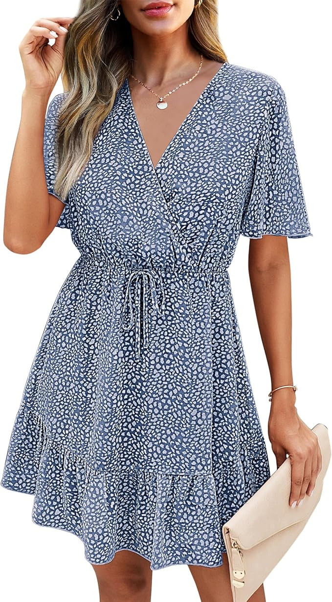 KIRUNDO Women's Summer Dresses 2024 Casual Short Sleeve V Neck Ruffle Floral Print High Waist Flo... | Amazon (US)