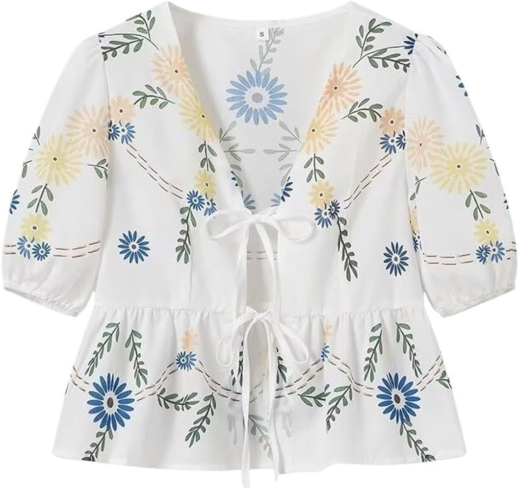 Women' s Cutecore Floral Print Shirts Y2k Fairycore Short Sleeve Babydoll Tops Summer Ruffle Bow ... | Amazon (US)