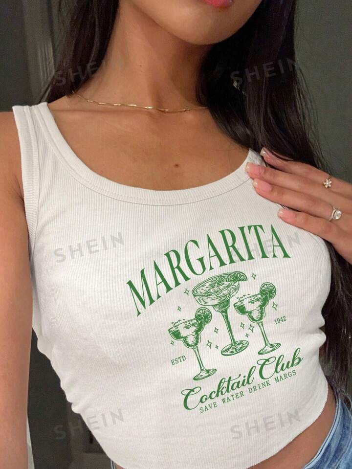 SHEIN EZwear Women's Margarita Cocktail White Summer Tank Top | SHEIN USA | SHEIN
