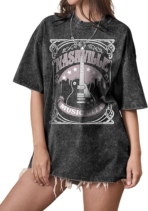Womens Oversized Graphic Tees Acid Wash Nashville Band T Shirts Crewneck Loose Fit Music Concert ... | Amazon (US)