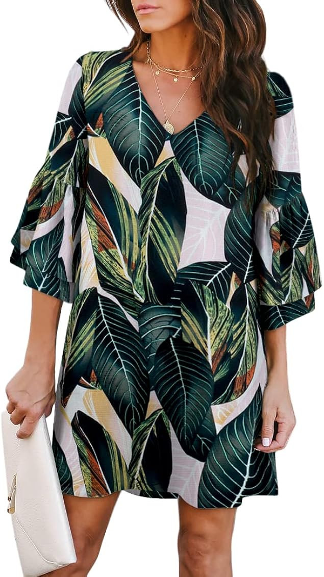 BELONGSCI Women's Dress Sweet & Cute V-Neck Bell Sleeve Shift Dress Mini Dress | Amazon (US)