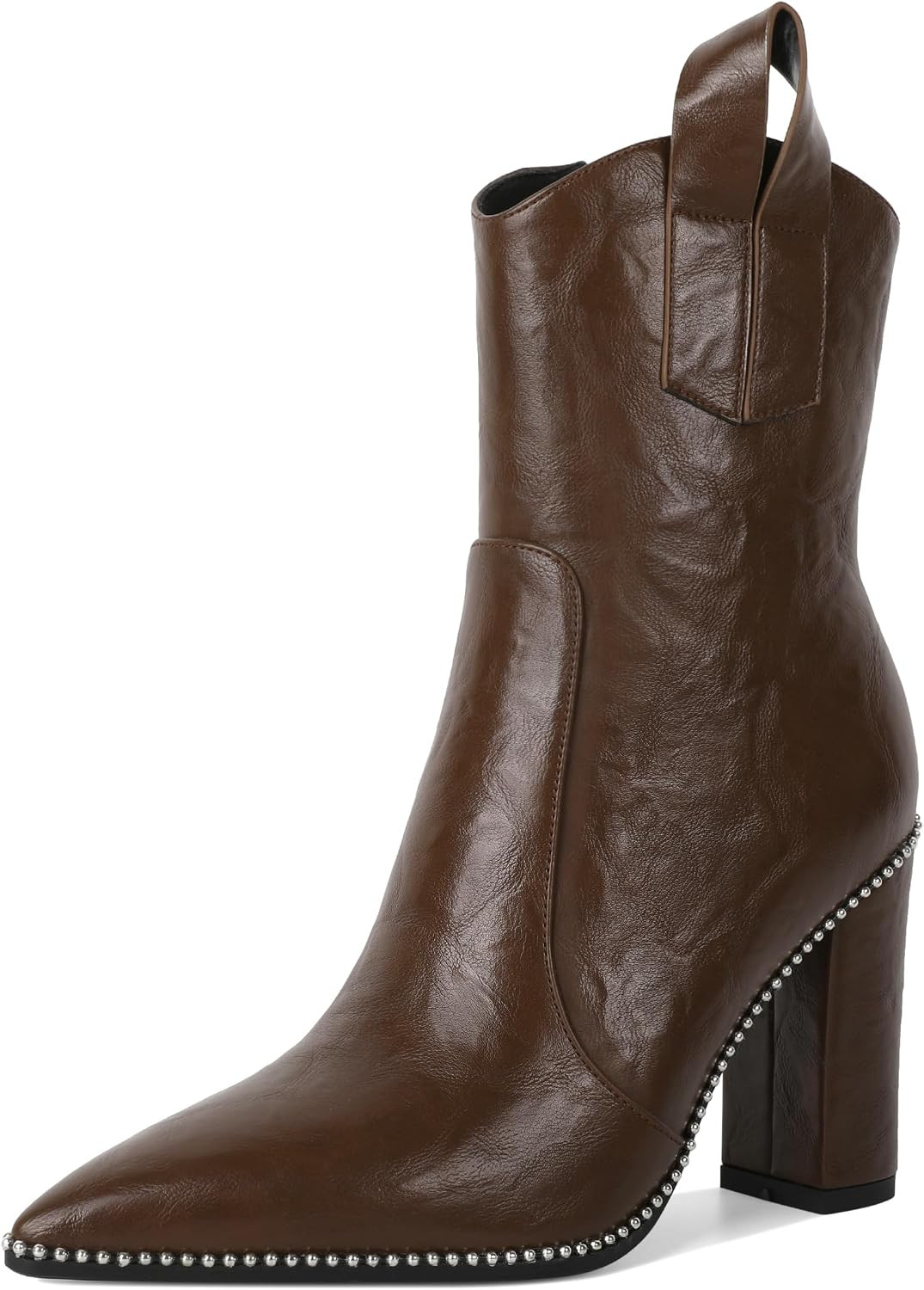 Soireelady Womens Cowboy Ankle Boots Western Booties Pointed Toe Chunky Block Heel Beaded Short Booties Side Zipper Fashion Shoes 4 Inch | Amazon (US)
