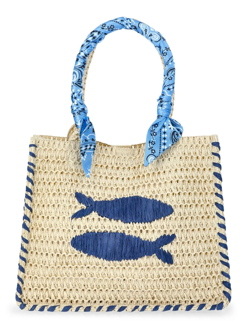 No Boundaries Women's Beach Icons Mini Straw Tote Bag, Light Natural with Fish Embroidery | Walmart (US)