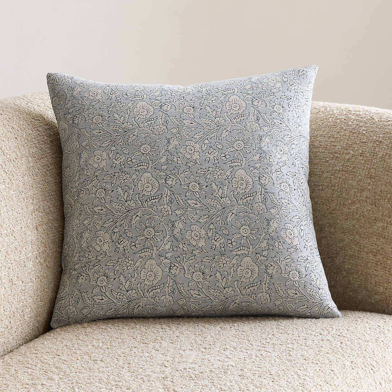 Whitney Linen 20"x20" Pale Blue Floral Hand Printed Throw Pillow Cover + Reviews | Crate & Barrel | Crate & Barrel